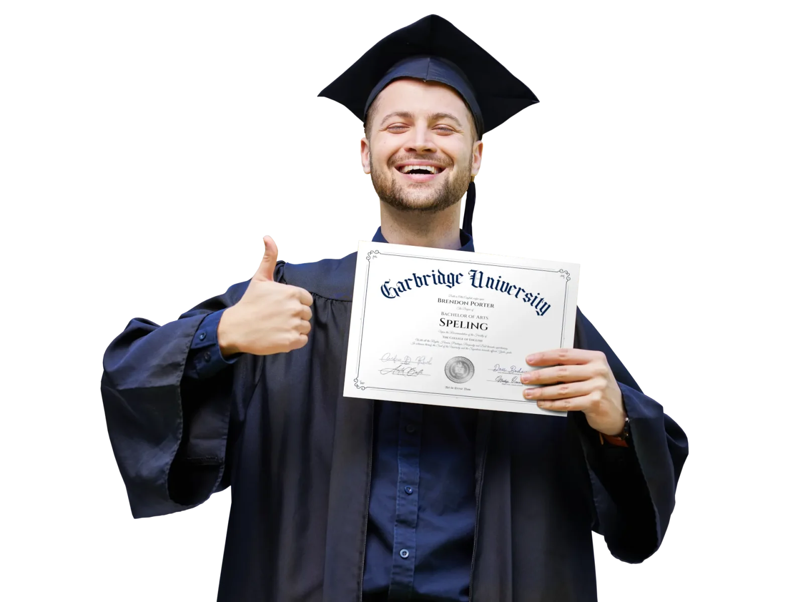 A man dressed in graduate clothing holding a degree.