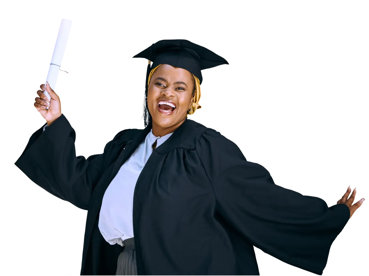 Woman in graduation clothing holding a degree in her hand.